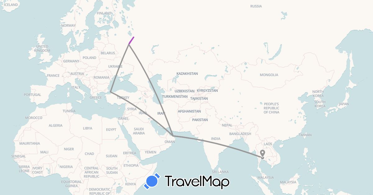 TravelMap itinerary: driving, plane, train in Oman, Russia, Thailand, Turkey (Asia, Europe)